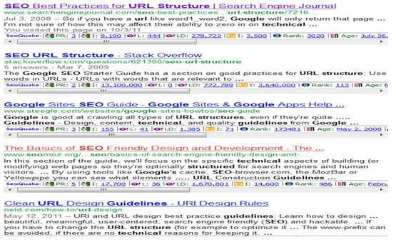 Screenshot of Google search results page displaying URL queries