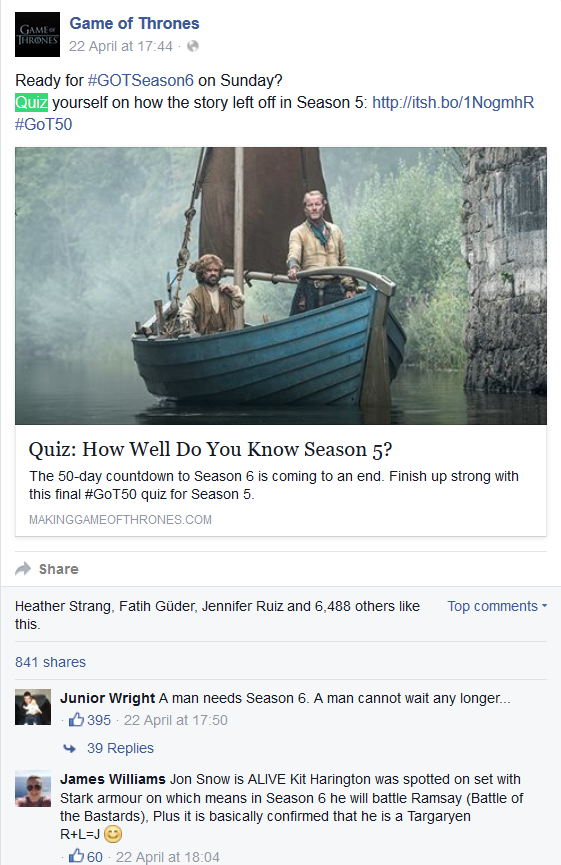 GOT Season6 Quiz in facebook